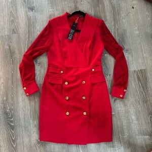 Elegant Red Long Sleeve Dress with Gold Accents